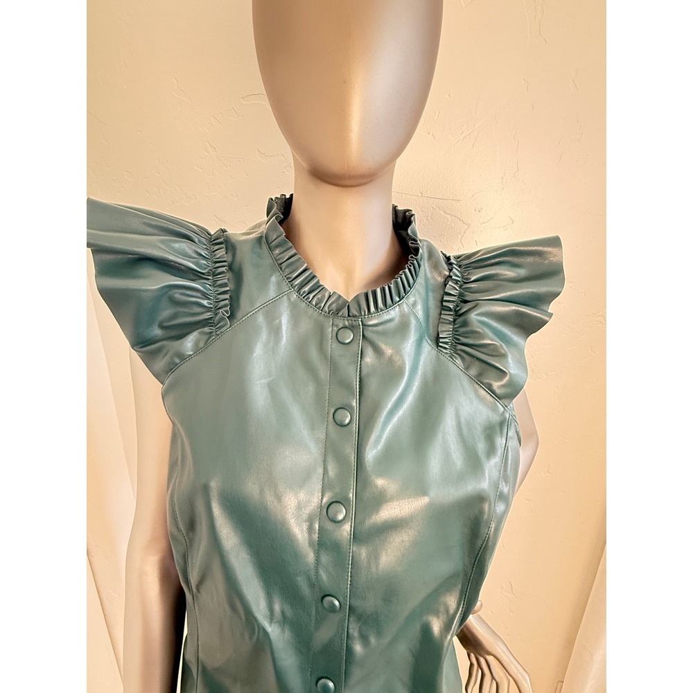 Marc New York Faux Leather Ruffle Flutter Sleeve Top Dark Forest Green Goth Chic